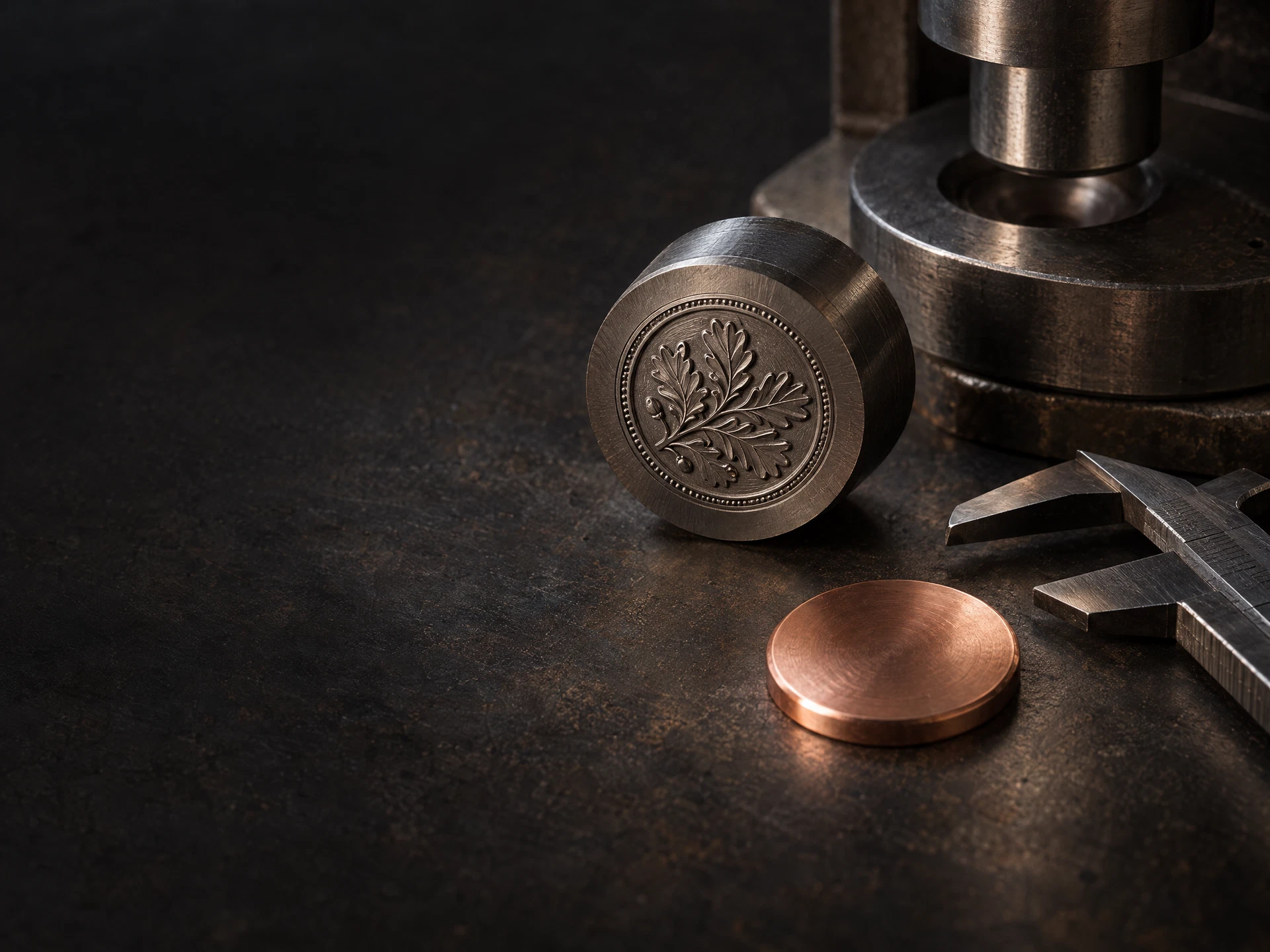 Engraved minting die and copper planchet on a dark workshop surface
