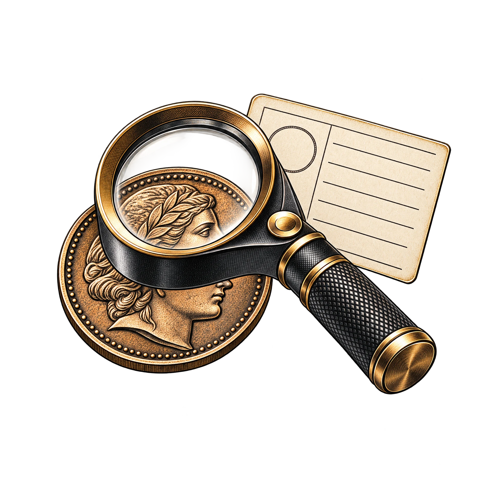 Magnifying glass examining a collector coin