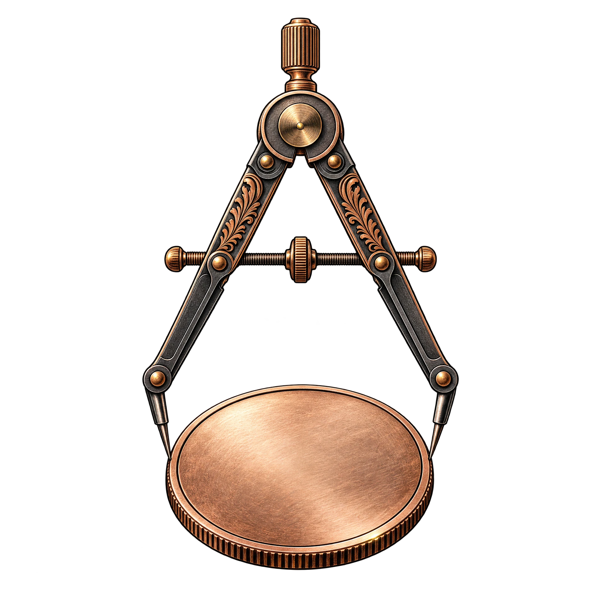 Compass, divider, and copper round for custom coin project planning