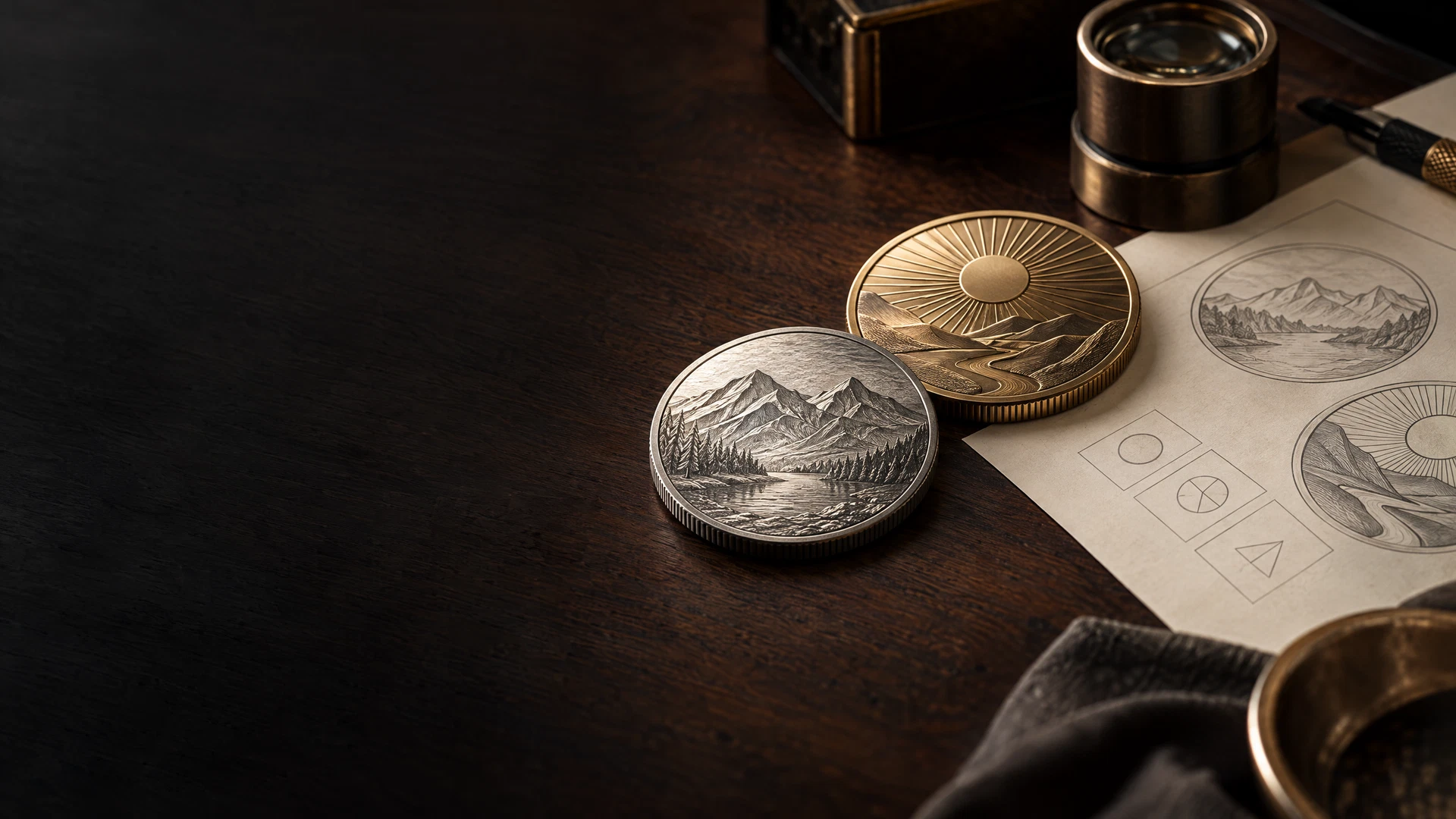 Unbranded silver round and gold-toned medallion beside a licensing project brief for a collector release
